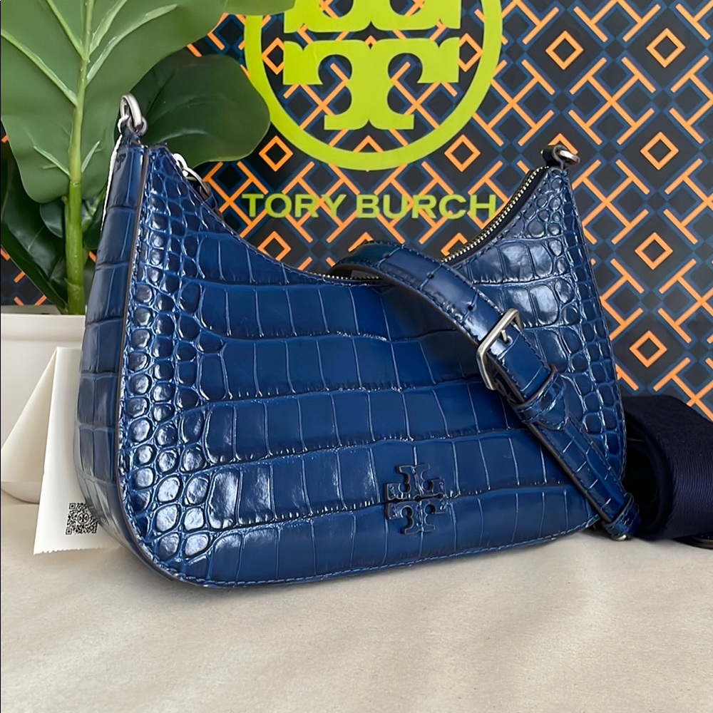 Tory Burch Blue Croc-Embossed convertible Women's crossbody Bag 2 straps - Picture 3 of 16